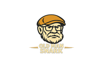 An illustrated logo of an older man with a beard, glasses, and a flat cap, above the stylized text Old Man Snark with two yellow lines on either side.