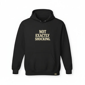 Old Man Snark black cotton-blend fleece hoodie with "NOT EXACTLY SHOCKING." graphic text on chest and OMS logo on hem.