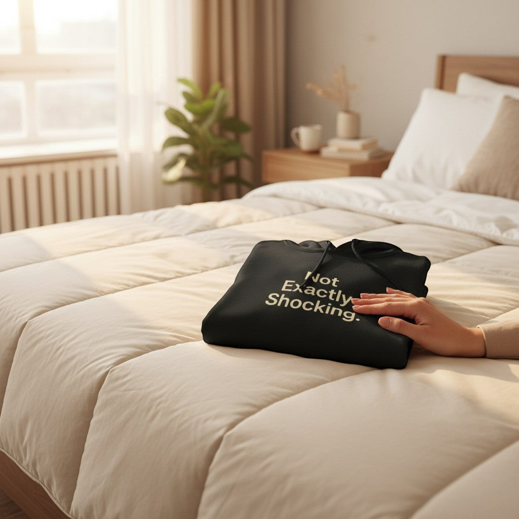 Old Man Snark black hoodie with Not Exactly Shocking slogan text on the chest, resting on a neatly made bed.