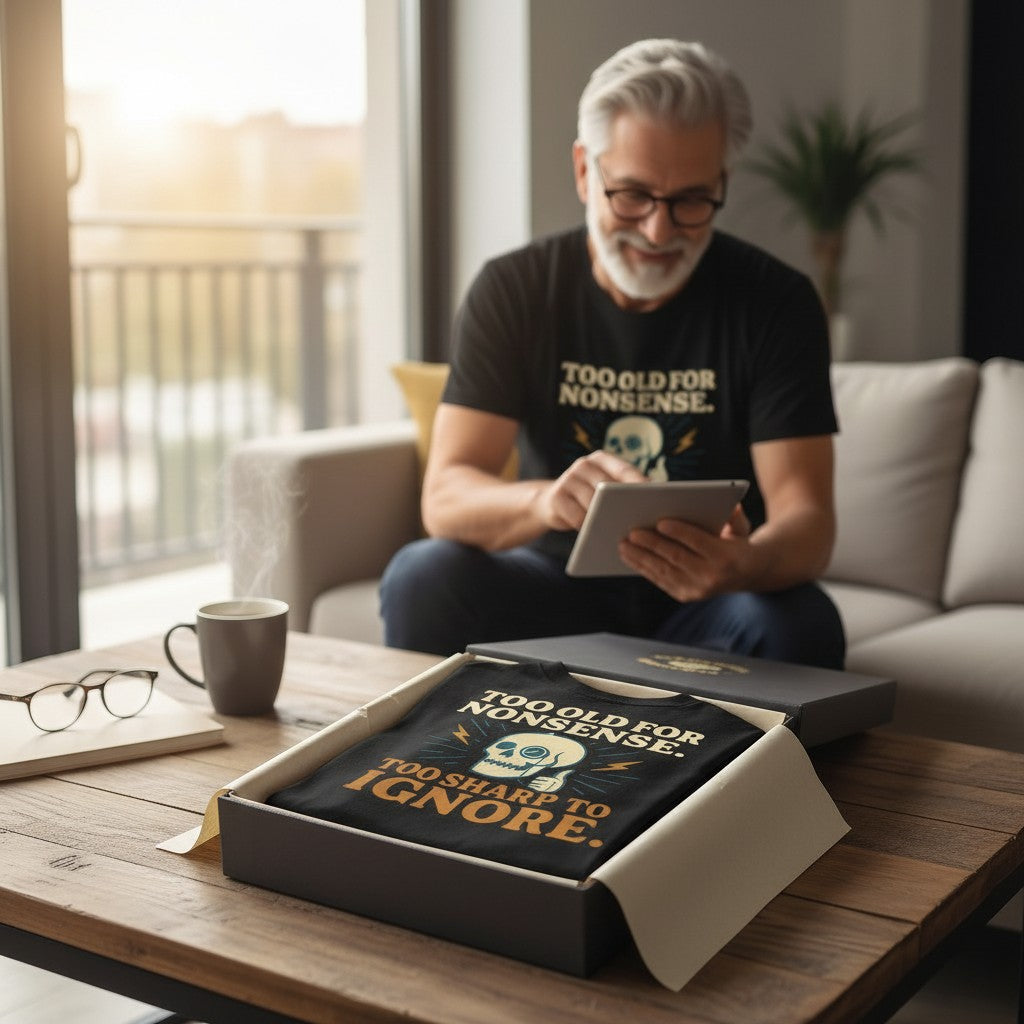 Old Man Snark black t-shirt with monocled skull graphic in a gift box, worn by a smiling man with grey hair.