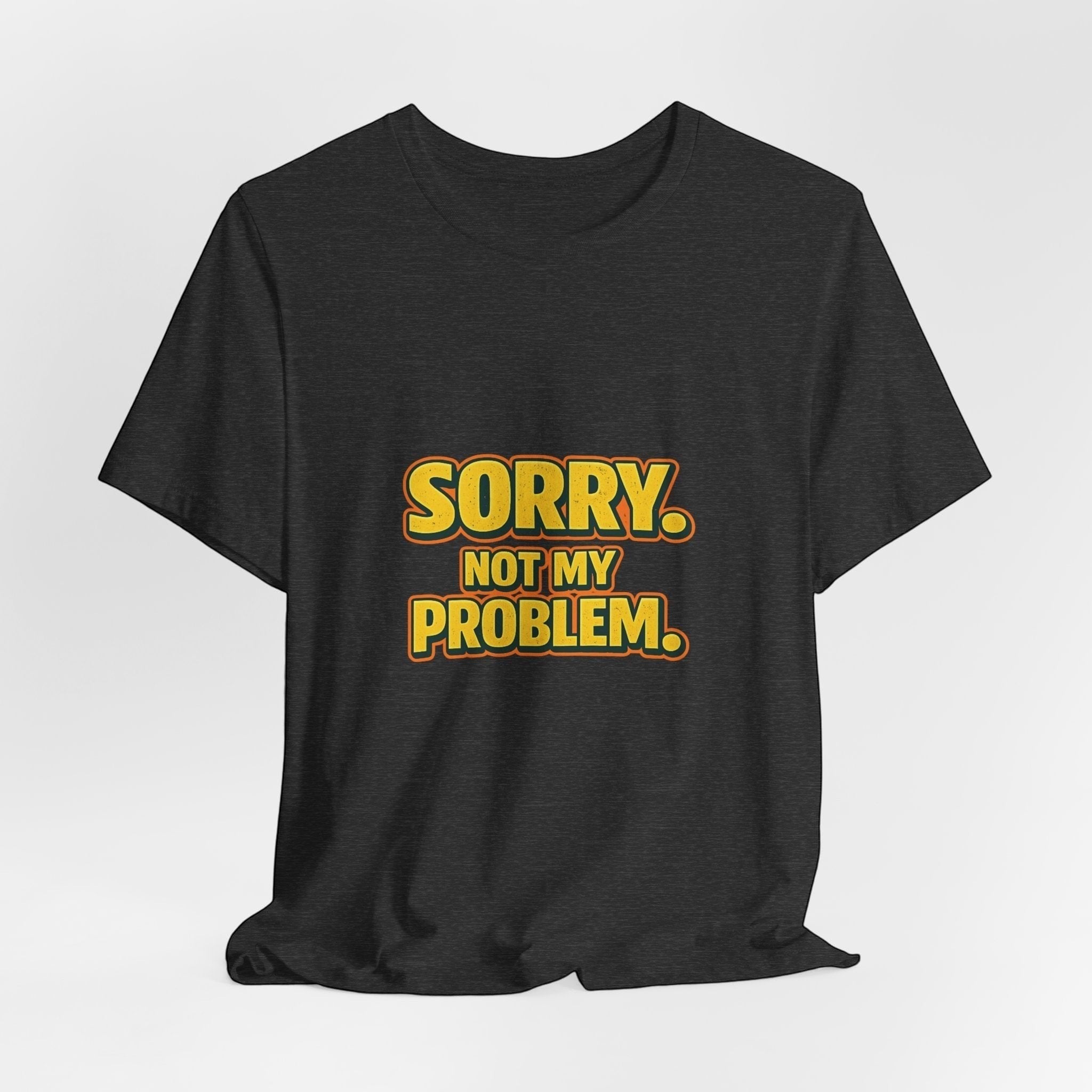 Old Man Snark black cotton t-shirt with retro gold and orange Sorry Not My Problem graphic print