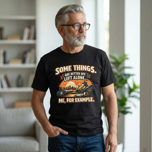 Old Man Snark black cotton t-shirt with funny slogan and vintage illustration worn by a man with grey hair and glasses