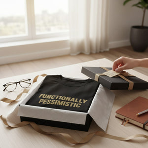 The "Functionally Pessimistic" T-Shirt by Old Man Snark (Printify) is neatly folded in an open gift box on a table, alongside glasses, a notebook, and a hand holding a ribbon from another box.