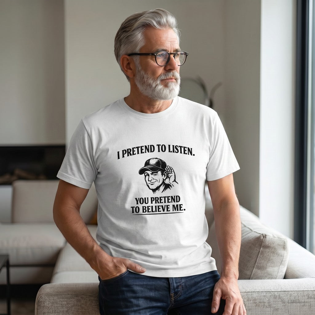 Old Man Snark off-white cotton t-shirt with funny marriage quote and graphic on a mature man in a living room.