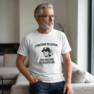 Old Man Snark off-white cotton t-shirt with funny marriage quote and graphic on a mature man in a living room.
