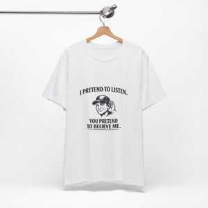 Old Man Snark heather grey cotton t-shirt with black text and graphic of a man cupping his ear.