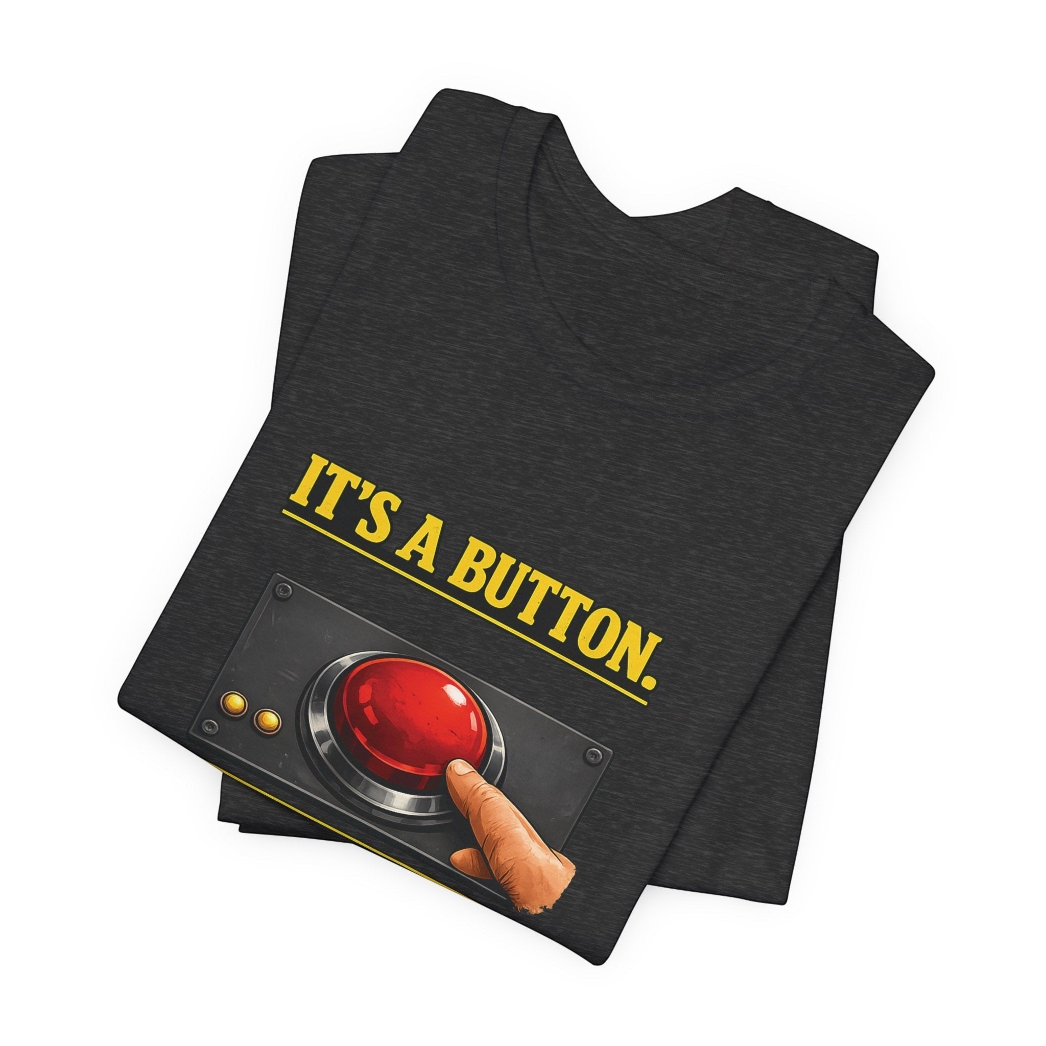 Old Man Snark dark grey cotton t-shirt with a graphic of a red button and the text "IT'S A BUTTON."