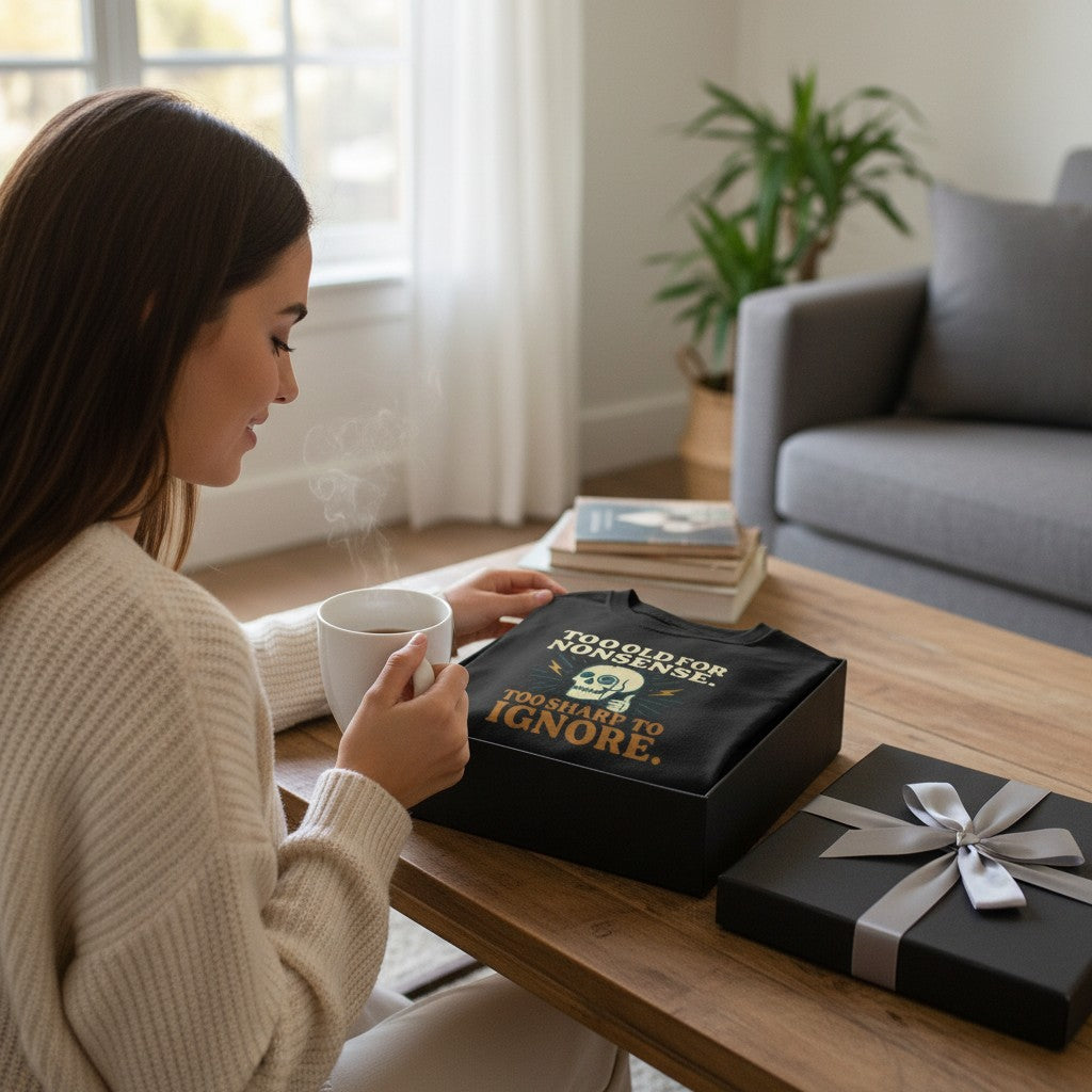 Old Man Snark black t-shirt with skull graphic in a gift box held by a woman drinking coffee in a cozy living room