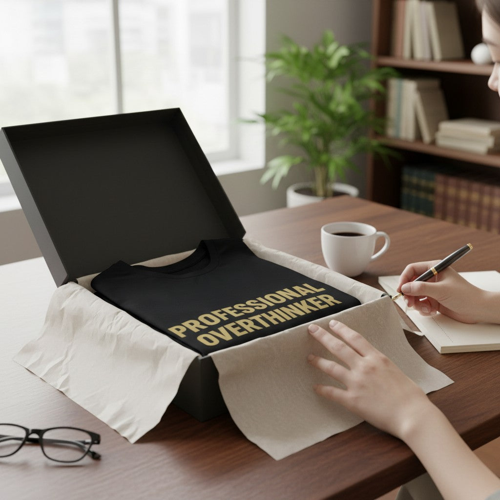 A person opens a gift box to reveal the Printify "Professional Overthinker" T-Shirt by Old Man Snark, made of 100% Airlume cotton in sand with bold yellow text. A coffee cup, notepad, and pen sit on a wooden desk nearby.