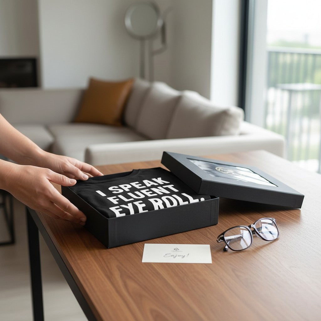 Old Man Snark black unisex cotton t-shirt with I Speak Fluent Eye Roll quote inside a gift box on a wooden table.