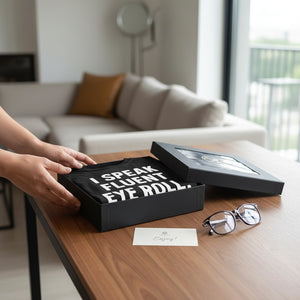 Old Man Snark black unisex cotton t-shirt with I Speak Fluent Eye Roll quote inside a gift box on a wooden table.