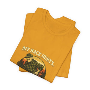 Old Man Snark yellow 100% cotton t-shirt with a vintage graphic of an older man in a plaid shirt and cap, with text "My Back Hurts."