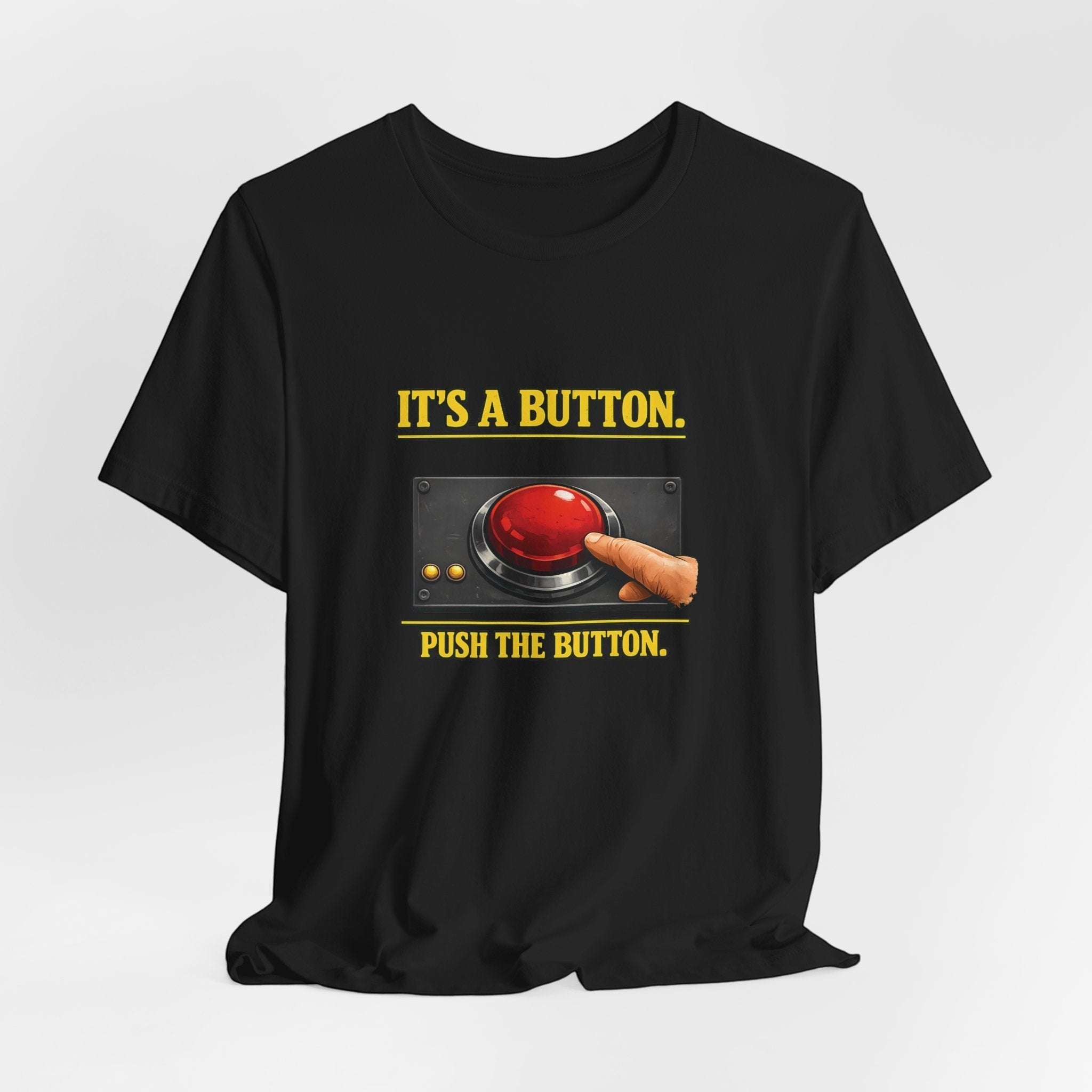 Old Man Snark black cotton t-shirt with a graphic of a red button and the text "IT'S A BUTTON. PUSH THE BUTTON."