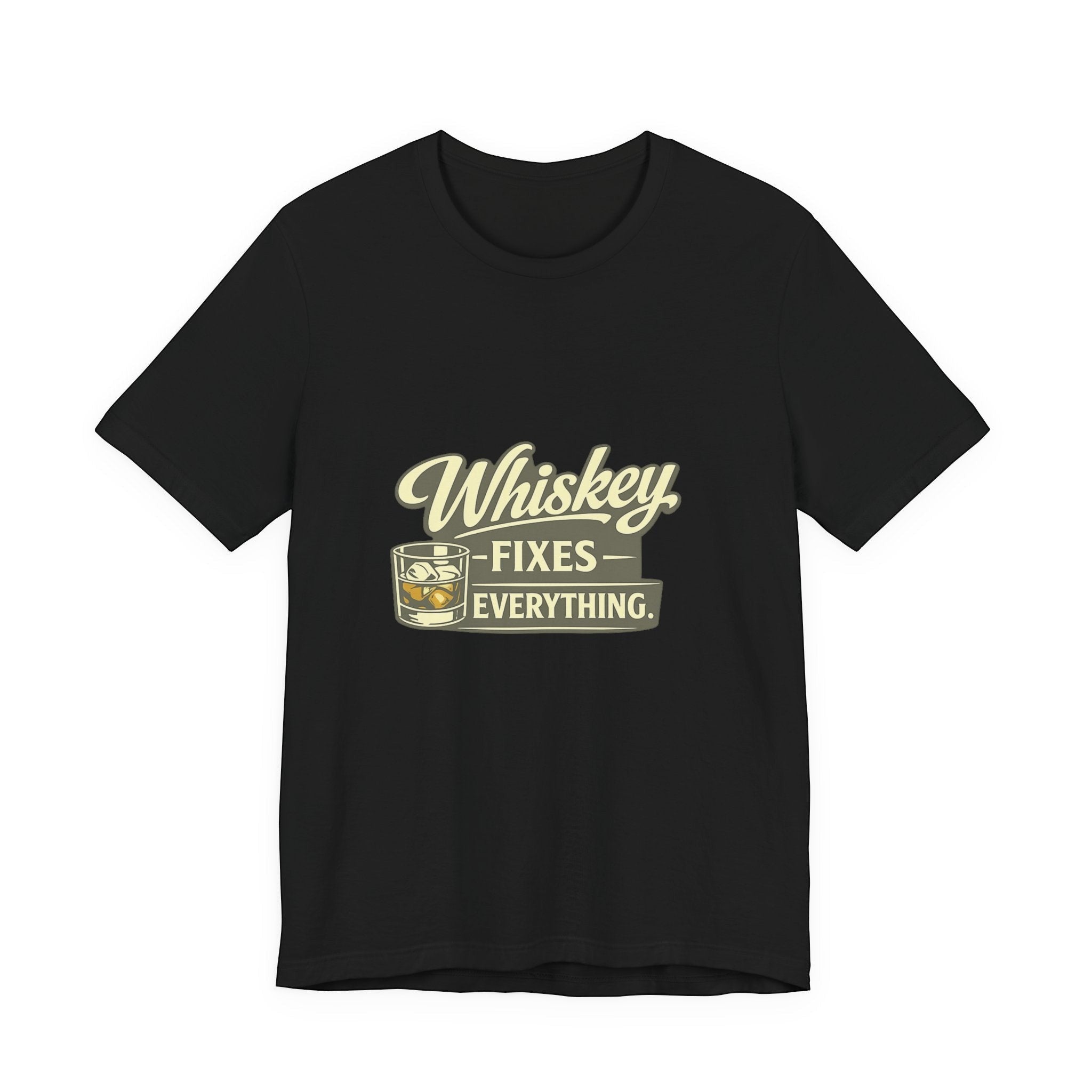 Old Man Snark black cotton t-shirt with "Whiskey Fixes Everything" graphic and a glass of whiskey.