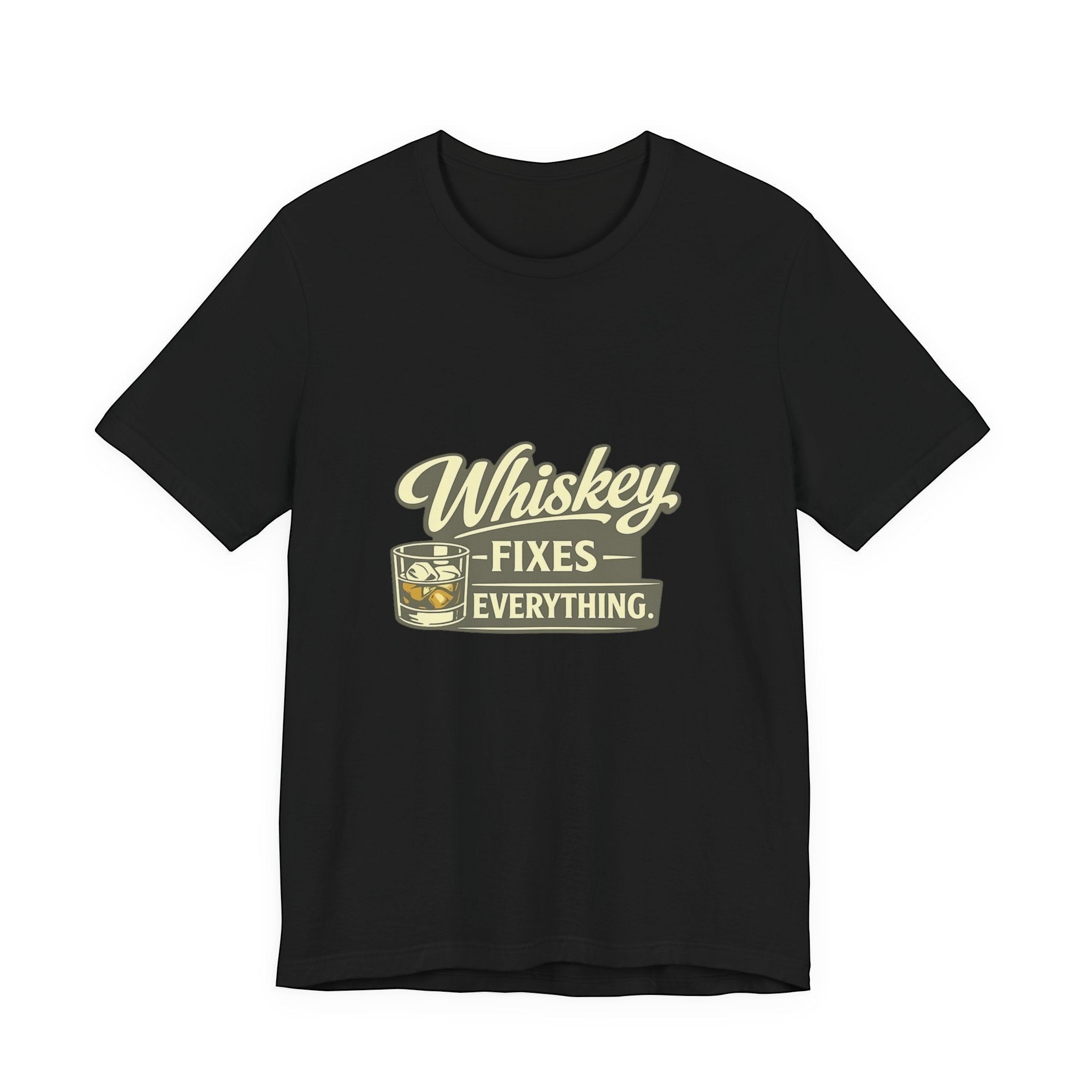 The "Whiskey Fixes Everything" T-Shirt by Old Man Snark from Printify features a bold slogan and whiskey glass on black cotton—ideal for men or as a gift for whiskey lovers.