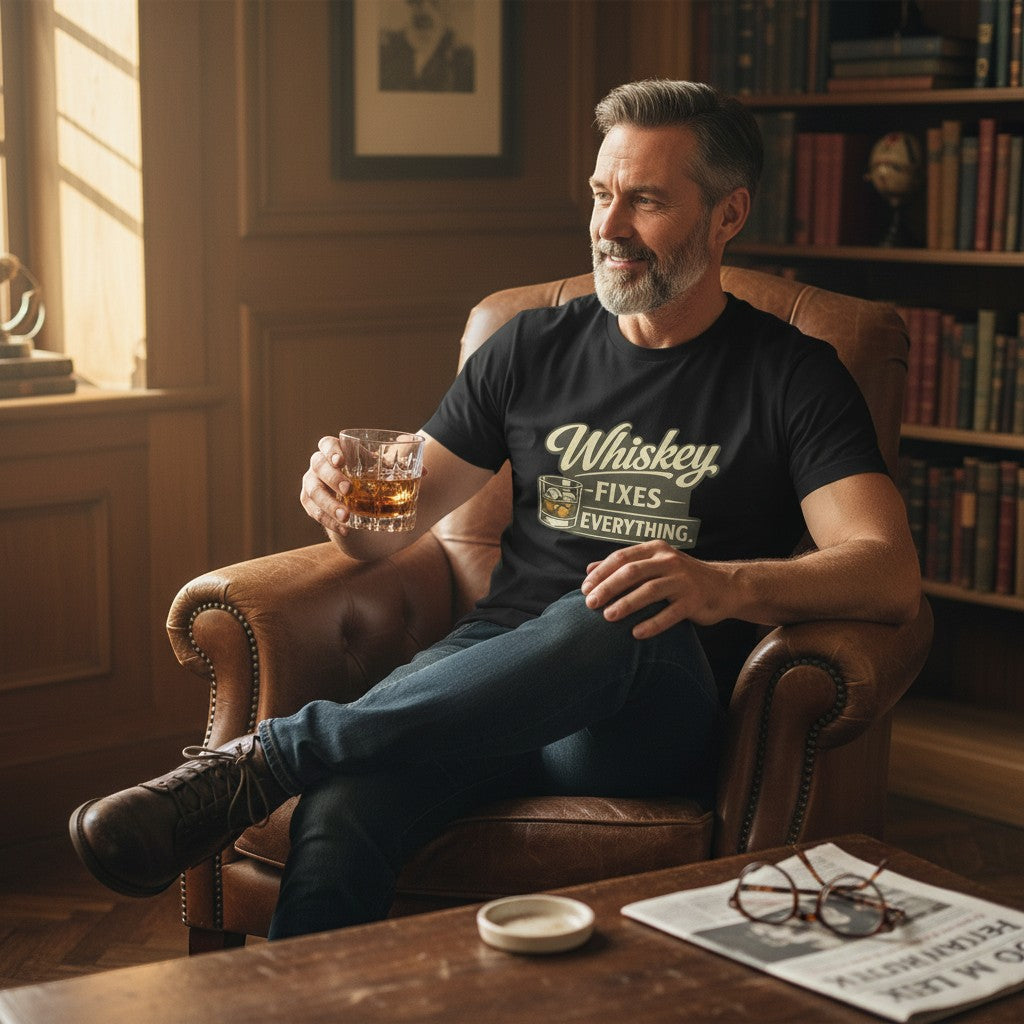 Old Man Snark black cotton t-shirt with 'Whiskey Fixes Everything' graphic, worn by a man holding a whiskey glass.