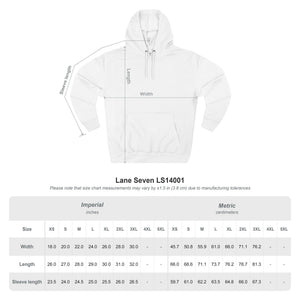 Old Man Snark white cotton-blend fleece hoodie with minimalist graphic text and size chart.